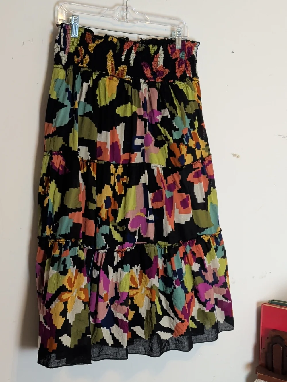 Vintage Boho Tiered Midi Skirt Smocked Waist Abstract Floral Cotton Large
